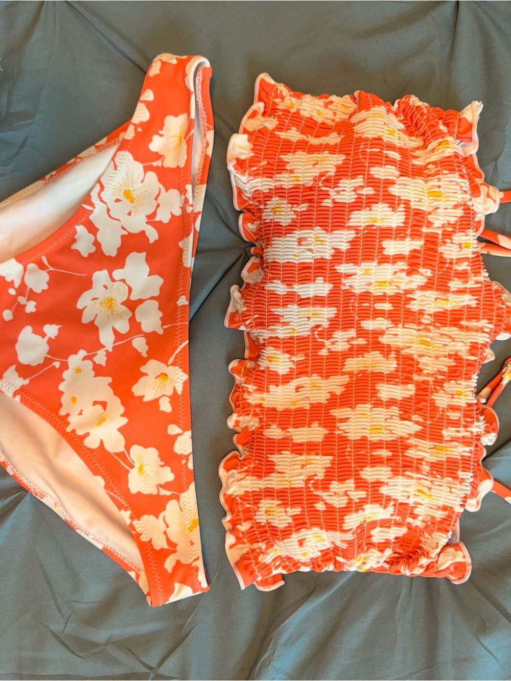 Cupshe Bright Coral Floral Smocked Bikini